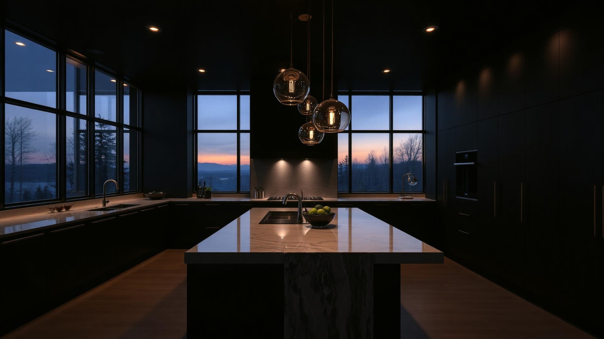 Luxury Sheffield kitchen at dusk with matte cabinetry and stone island
